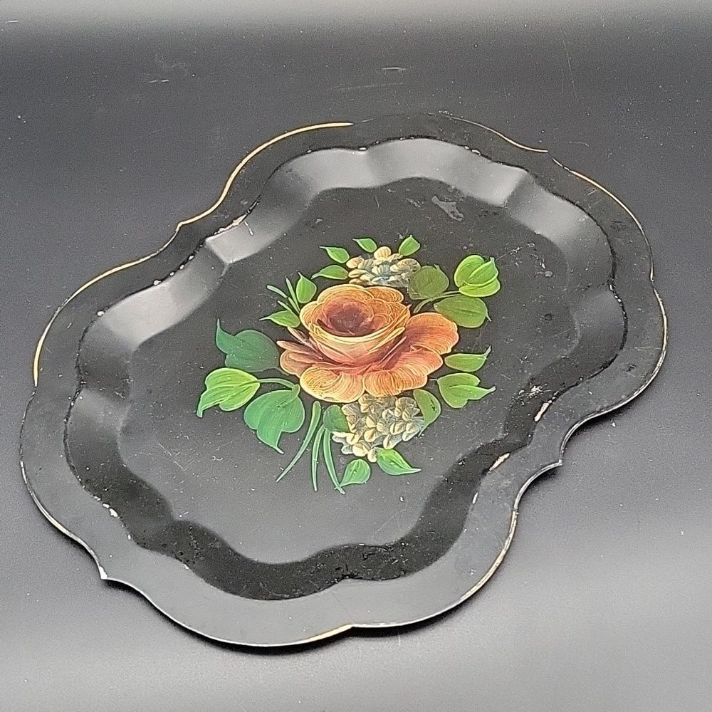 Vintage Antique? Black Metal Toleware Scalloped Tray with Peach Rose